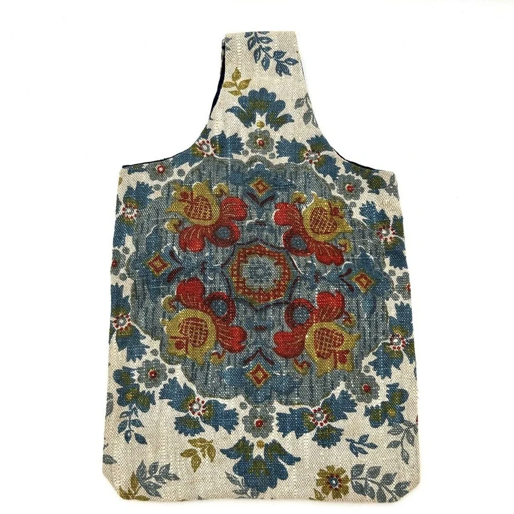 Bohemian Blue Beige Floral Beaded Sequin Embellished Canvas Knot Handbag